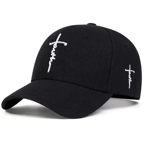 Faith Cross Embroidered Christian Black Baseball Cap, Adjustable Hat, Jesus, God - Picture 1 of 4